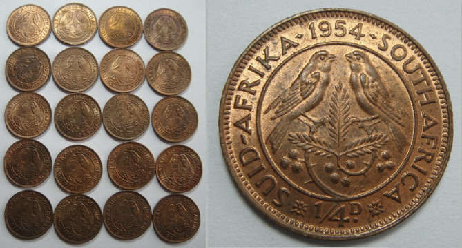 Union of South Africa: Collection of TWENTY Farthings (¼ Pennies) of 1954