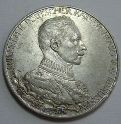 Imperial Germany: Keiser Wilhelm II Commemorative Silver Three Mark of 1913