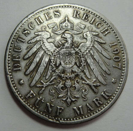 Imperial Germany: Prussia: Silver Five Mark of 1907