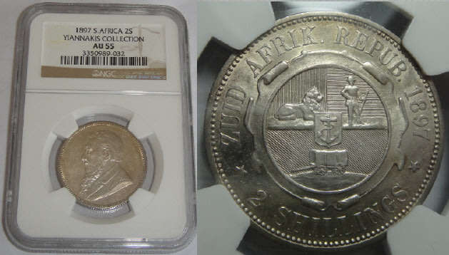 Paul Kruger ZAR: Two-Shillings (2/-) of 1897: NGC graded AU 55