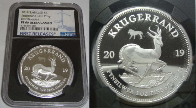 Silver 1 Oz Krugerrand of 2019 (Lion Privy Mark): NGC graded  PF 69 Ultra Cameo (First Releases)