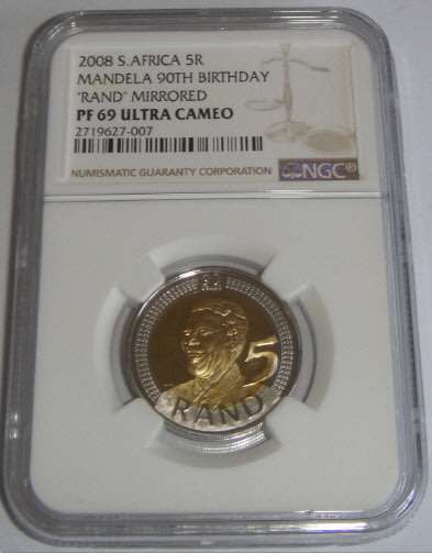 Republic of South Africa: Mandela 90th Birthday R5 of 2008: NGC graded PF 69 Ultra Cameo