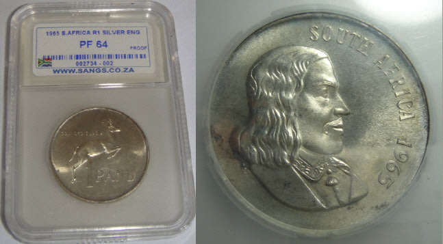 Republic of South Africa: Silver R1 of 1965 (English): Sangs graded PF 64