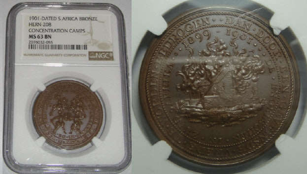 1901 Anglo Boer: Concentration Camps & Burning Farmhouse Bronze Medal: NGC graded MS 63