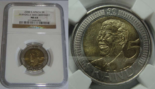 Republic of South Africa: 2008 Mandela 90th Birthday R5: NGC graded MS 64