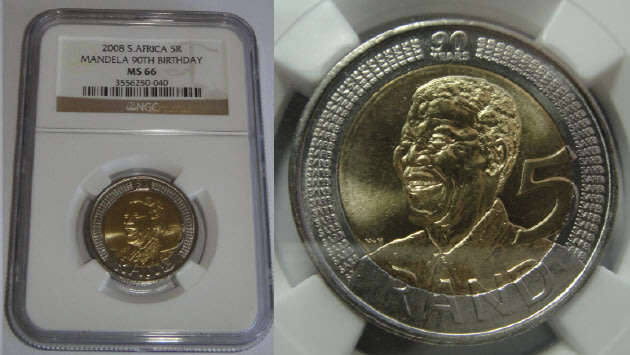 Republic of South Africa: 2008 Mandela 90th Birthday R5: NGC graded MS 66