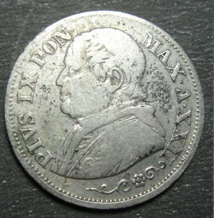 Italian States (PAPAL STATES) Silver 10 Soldi of Pope Pius IX dated 1867
