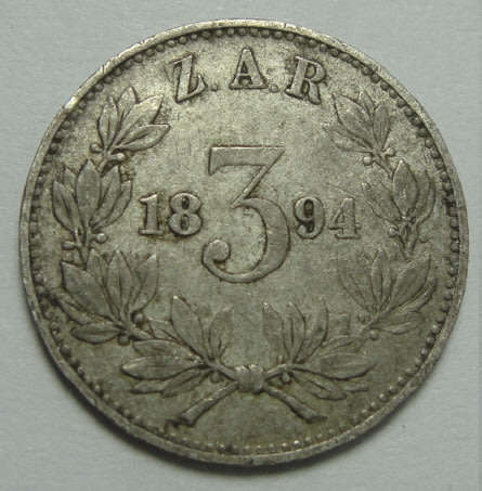 Paul Kruger Z.A.R. : Three Pence (Tickey) of 1894 (Extremely Fine)