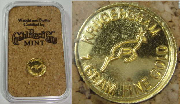 GOLD KrugerGram 1 Gram Fine Gold, Certified by Gold Reef City Mint