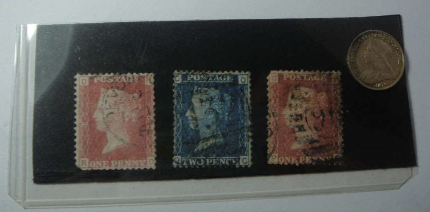 Great Britain : Victorian Sterling Silver Three Pence of 1896 and three Victorian Stamps