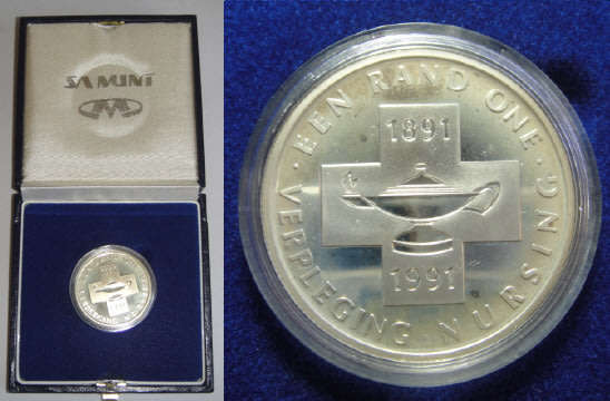 Republic of South Africa: Proof Silver R1 Protea of 1991 (Nursing 1891-1991)