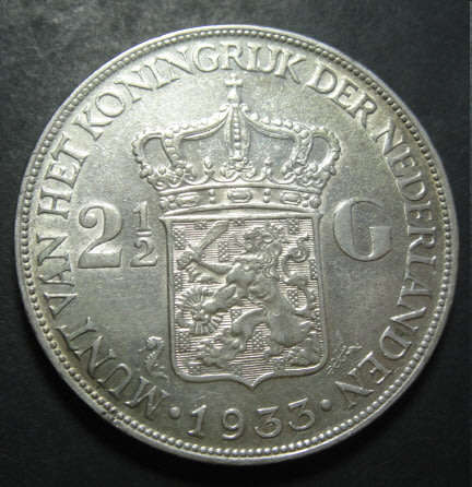 Large & Crown-Size SILVER World Coins: Netherlands, 2.5 Gulden of 1933