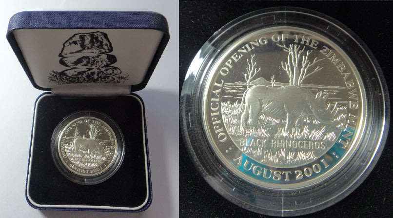 Official Opening of the Zimbabwe Mint 2001: SILVER 1 Ounce Black Rhinoceros Medallion