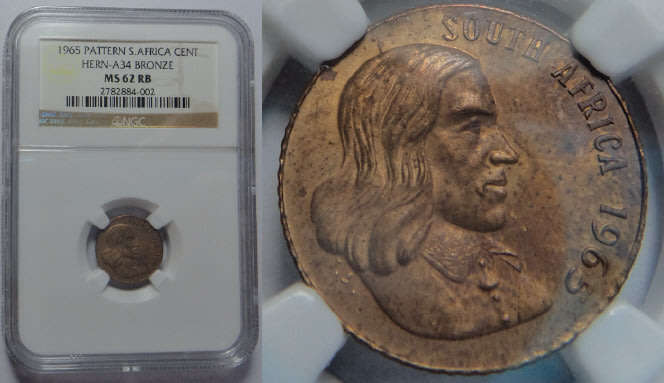 Republic of South Africa: PATTERN Cent of 1965 (English): Hern-A34: NGC MS 62 RB