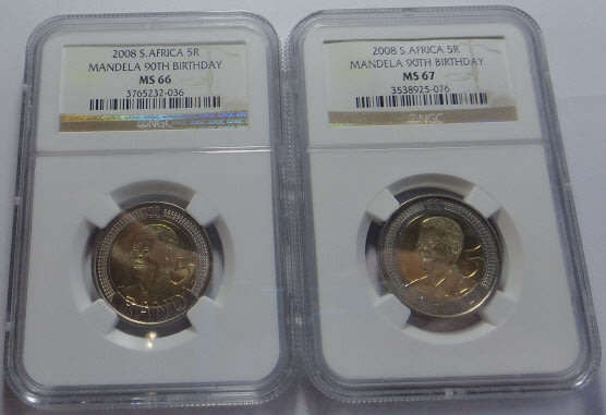 Republic of South Africa: Mandela 90th Birthday R5s of 2008: NGC graded MS66 & MS67