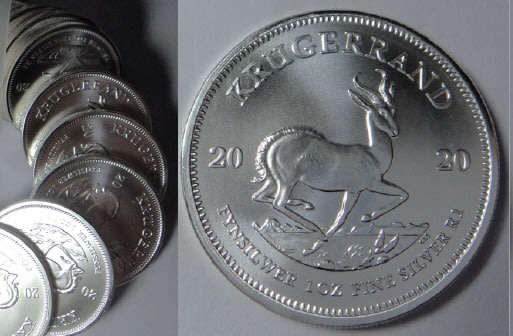 Five (5) SILVER 1OZ KRUGERRANDS of 2020 in uncirculated condition (as received from the SA Mint)