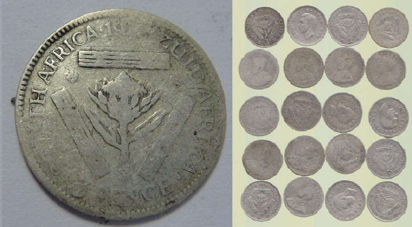 Union of South Africa: Twenty Tickeys (3d) struck in 80% silver