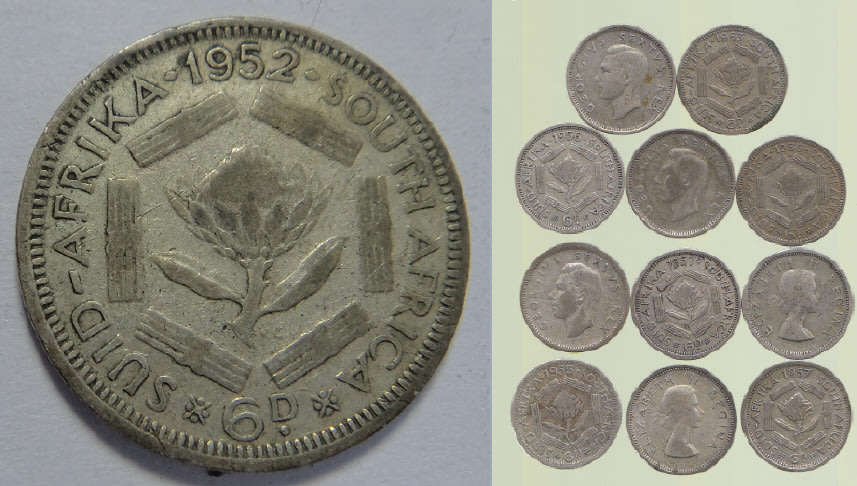 Union of South Africa: Eleven Sixpences (6d) struck in 50% silver