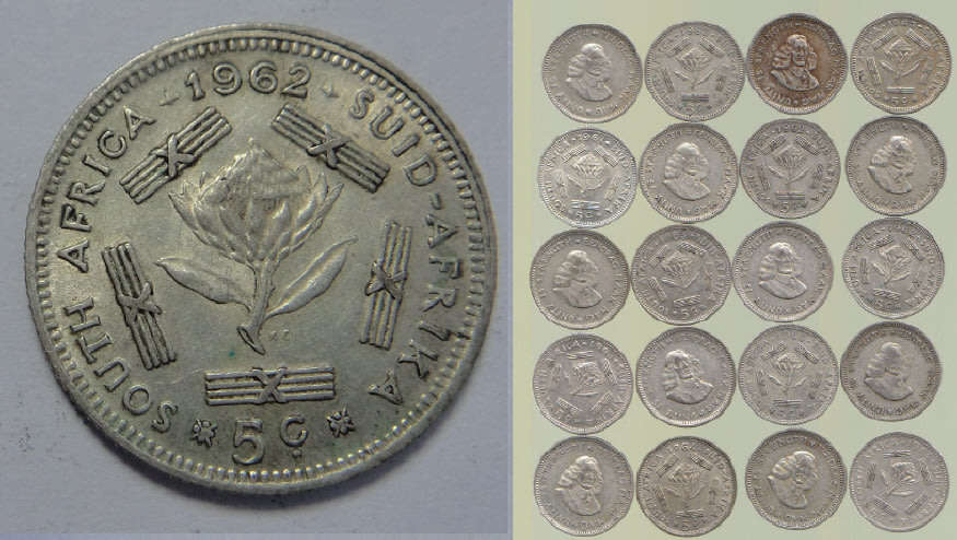 Republic of South Africa: Twenty Silver 5c pieces dated between 1961 and 1964