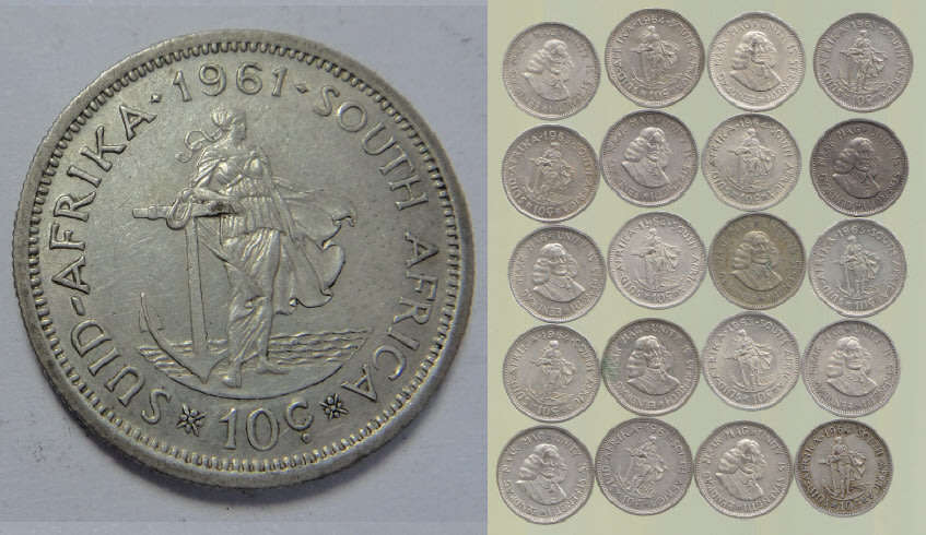 Republic  of South Africa: Twenty Silver 10c pieces dated between 1961 and 1964