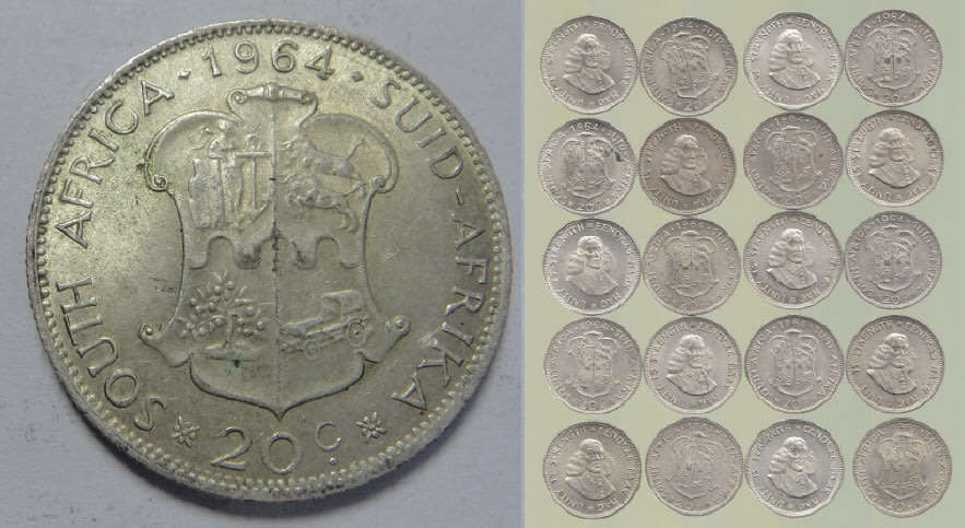 Republic  of South Africa: Twenty Silver 20c pieces dated between 1961 and 1964