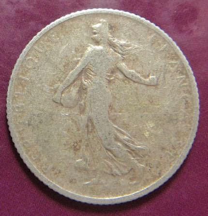 France: Silver 1 Franc (La Semeuse /The Sower) of 1914