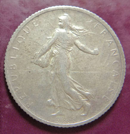 France: Silver 1 Franc (La Semeuse /The Sower) of 1915