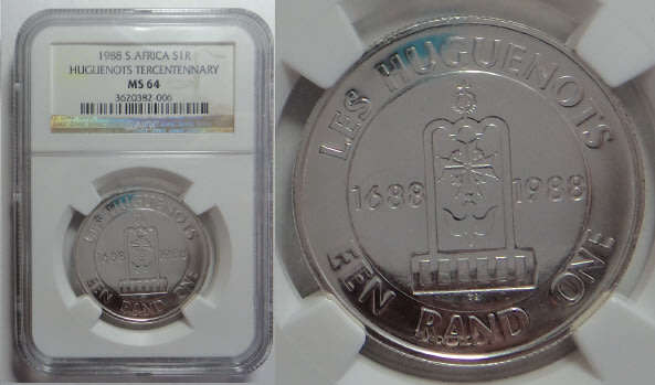 Republic of South Africa: Silver R1 of 1988 (Huguenots): NGC Graded MS64