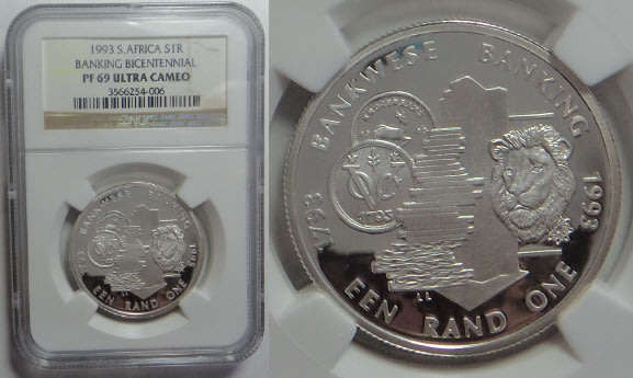 Republic of South Africa: Silver R1 of 1993 (Banking Centennial): NGC Graded PF69 Ultra Cameo
