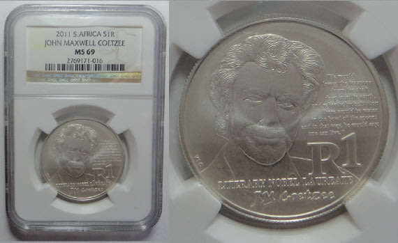 Republic of South Africa: Silver R1 of 2011 (John Maxwell Coetzee): NGC Graded MS69