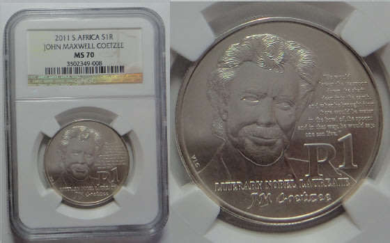 Republic of South Africa: Silver R1 of 2011 (John Maxwell Coetzee): NGC Graded MS70