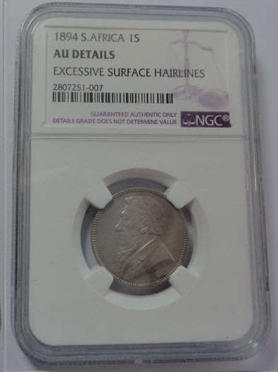 Paul Kruger ZAR, Silver Shilling (1/-) of 1894: NGC graded AU Details