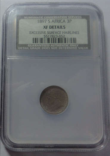 Paul Kruger ZAR: Threepence (Tickey) of 1897: NGC Graded XF Details