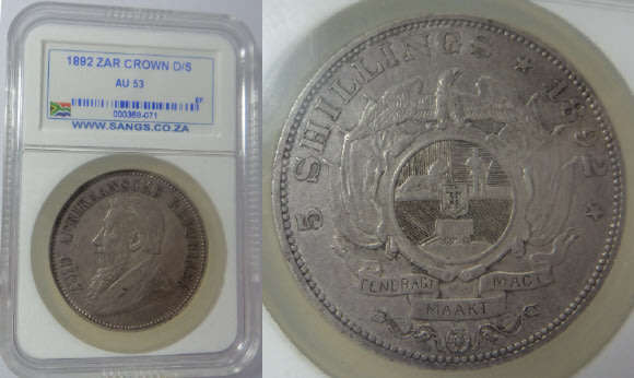 Paul Kruger ZAR: 5-Shillings (Double Shaft) : Sangs graded AU 53