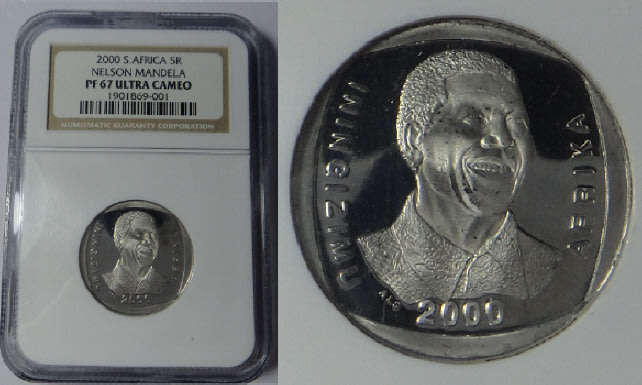 Republic of South Africa: Nelson Mandela R5 of 2000: NGC graded PROOF 67 Ultra Cameo
