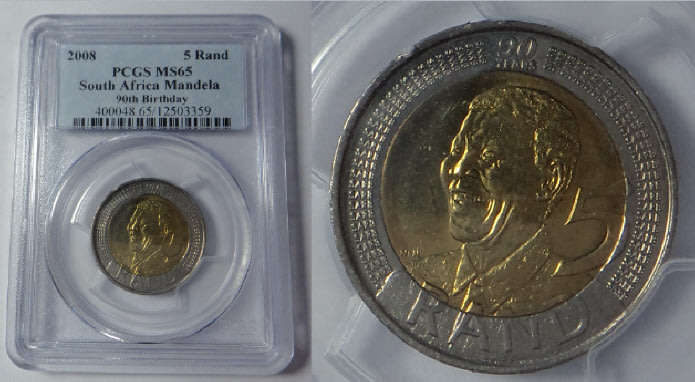 Republic of South Africa: Mandela 90th Birthday R5 Coin : PCGS graded MS65