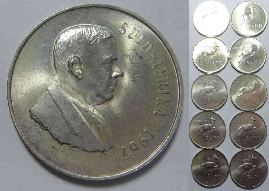 Republic of South Africa: Ten (10) Silver R1 coins of 1967