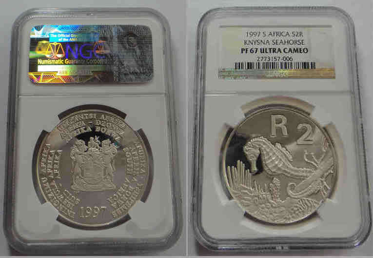 Republic of South Africa: Silver R2 Crown 1997 (Knysna Seahorse): NGC PF 67 Ultra Cameo