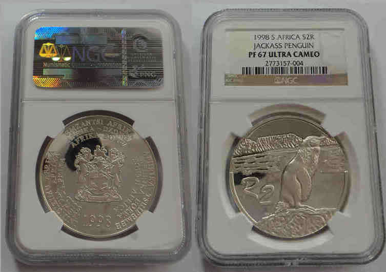 Republic of South Africa: Silver R2 Crown 1998 (Jackass Penguin): NGC PF 67 Ultra Cameo