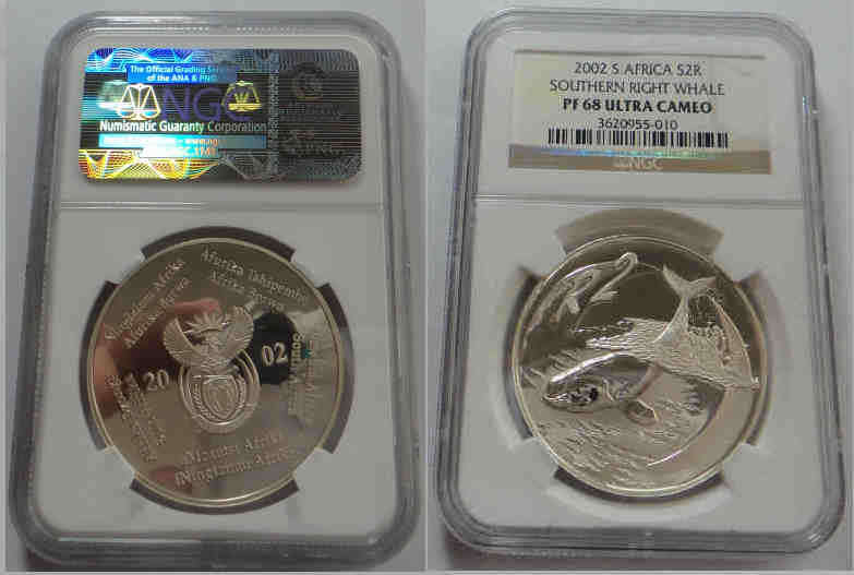 Republic of South Africa: Silver R2 Crown 2002 (Southern Right Whale): NGC PF 68 Ultra Cameo