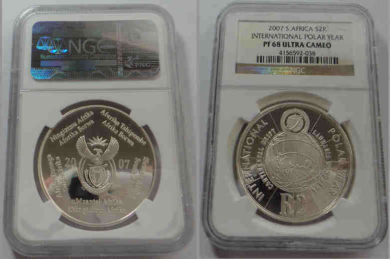 Republic of South Africa: Silver R2 Crown 2007 (International Polar Year): NGC PF 68 Ultra Cameo