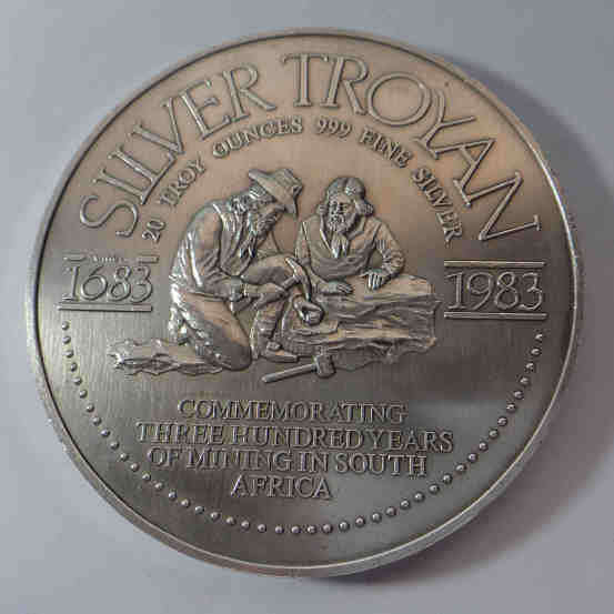 Silver Troyan:  20 Ounce 999 Fine Silver Medal (300 years of Mining in South Africa, 1683-1983)