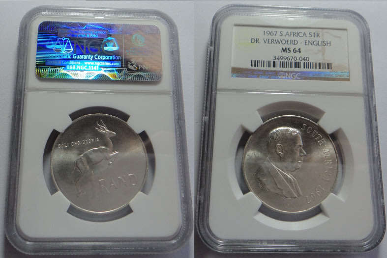 Republic of South Africa: Silver R1 of 1967 (English ): NGC graded MS 64