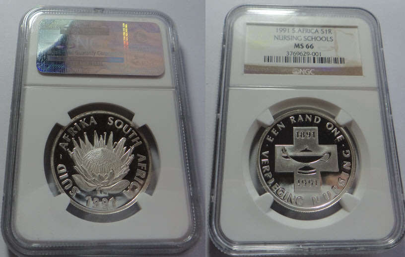 Republic of South Africa: Silver R1 of 1991 (Nursing): NGC graded MS 66