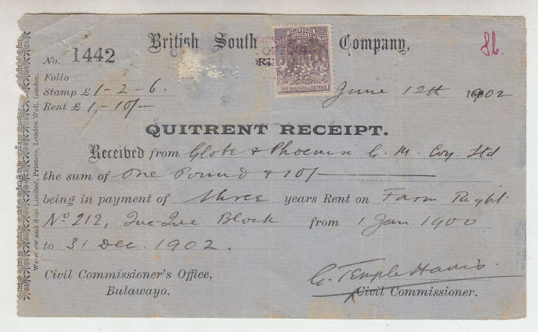 British South African Company Quitrent Receipt dated 12 June 1902