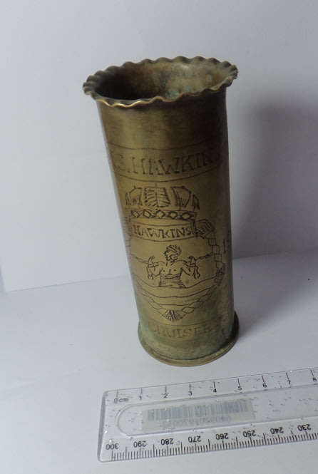 Shell Casing with Trench Art H.M.S. Hawkins 4th Cruiser Squadron 1942-1944