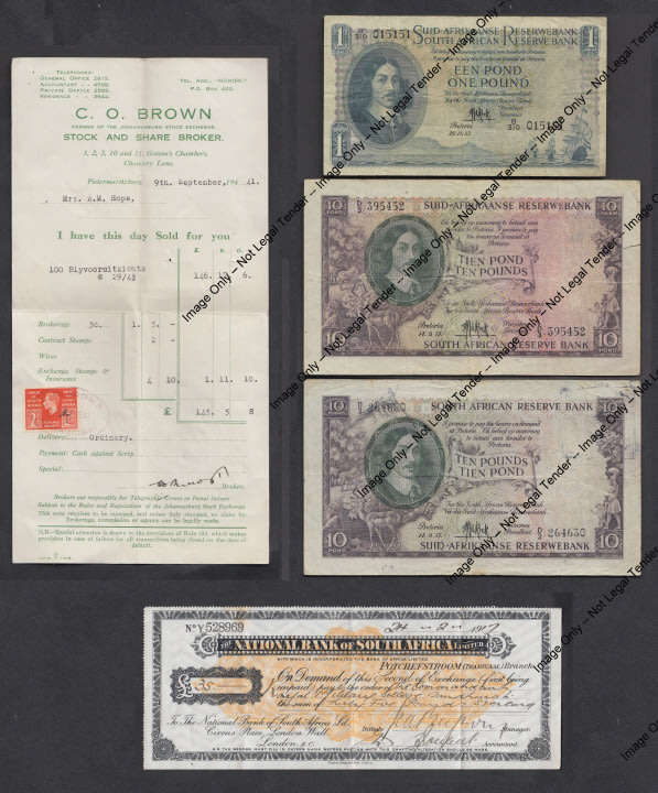 Union of South Africa: Collection of old Bank Notes, Cheque and Stock & Share Slip