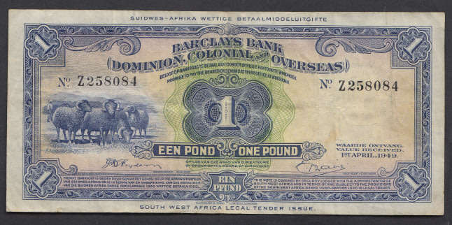 South West Africa: Barclays Bank, Een Pond / One Pound, 1st April 1949