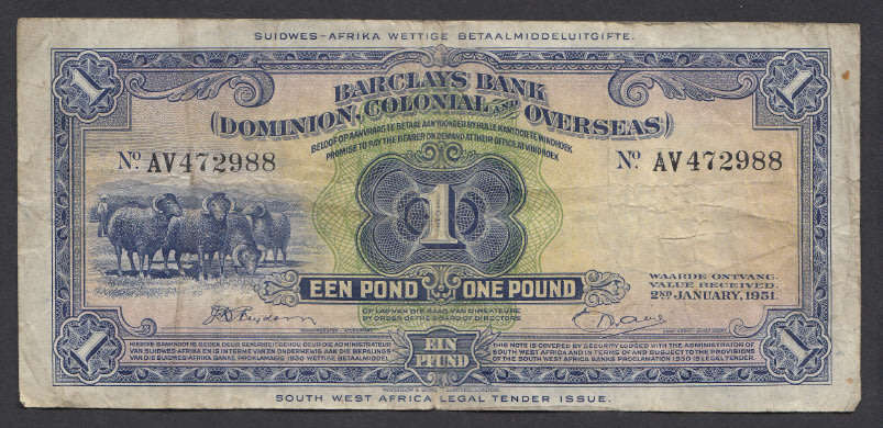 South West Africa: Barclays Bank, Een Pond / One Pound, 2nd January 1951