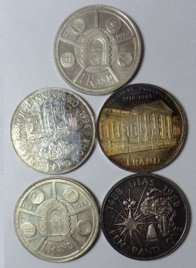 Republic of South Africa: Five Commemorative Silver R1 coins: Bid per coin to take all 5